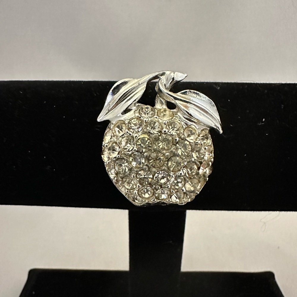Silver tone rhinestone apple brooch